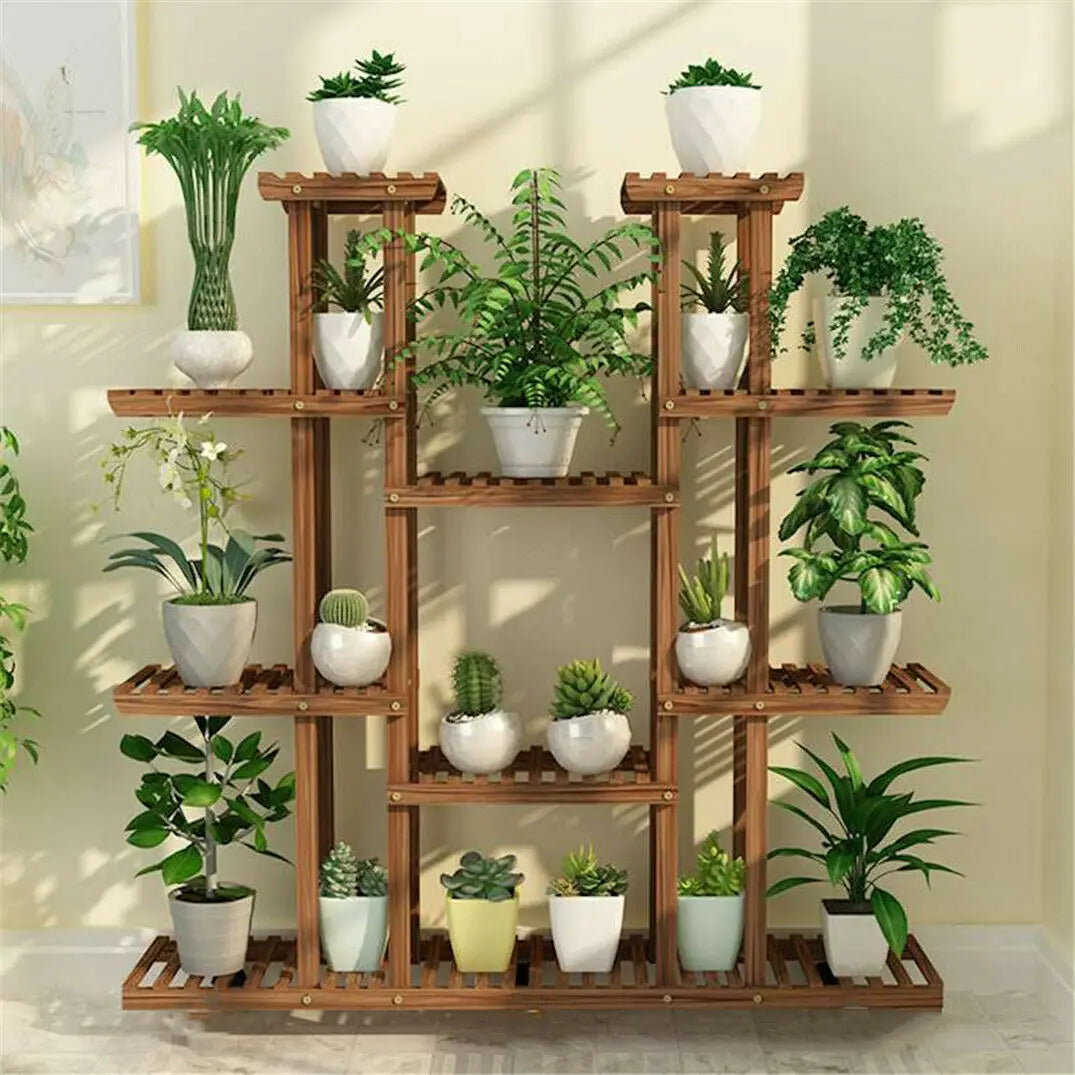 Unho Nine Tier Plant Stand Wood Flower Rack Indoor Outdoor