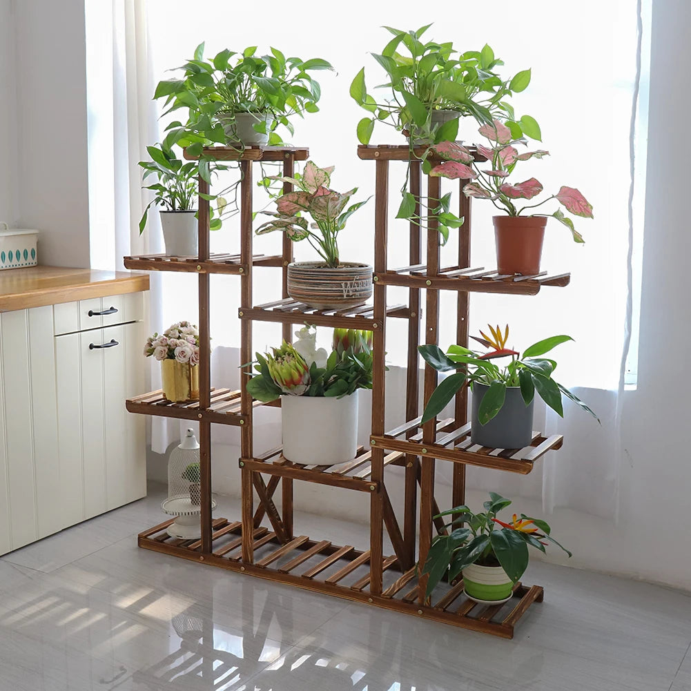Unho Nine Tier Plant Stand Wood Flower Rack Indoor Outdoor
