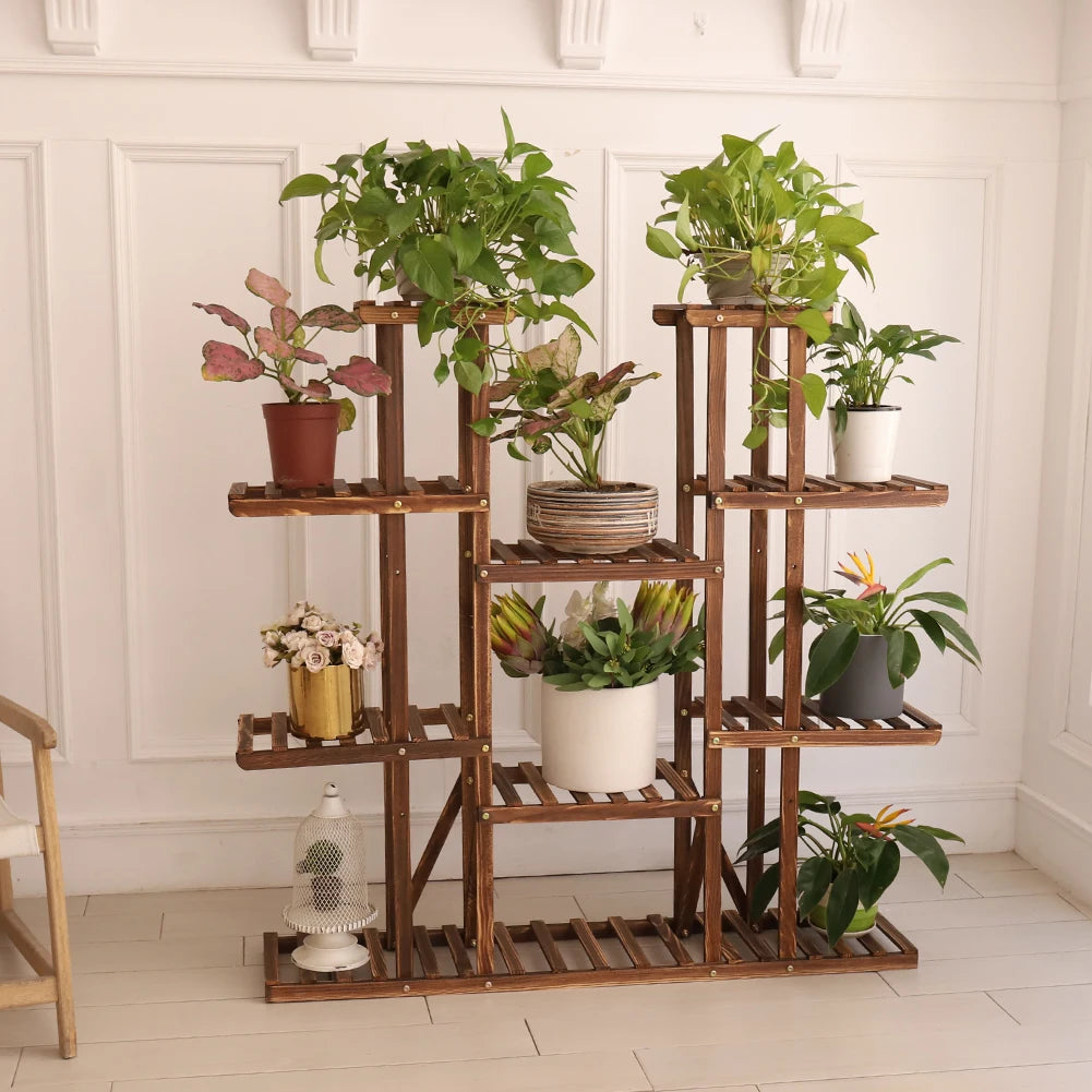 Unho Nine Tier Plant Stand Wood Flower Rack Indoor Outdoor