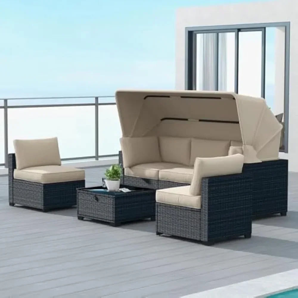 Outdoor Rattan Wicker Patio Set With Canopy And Glass Table