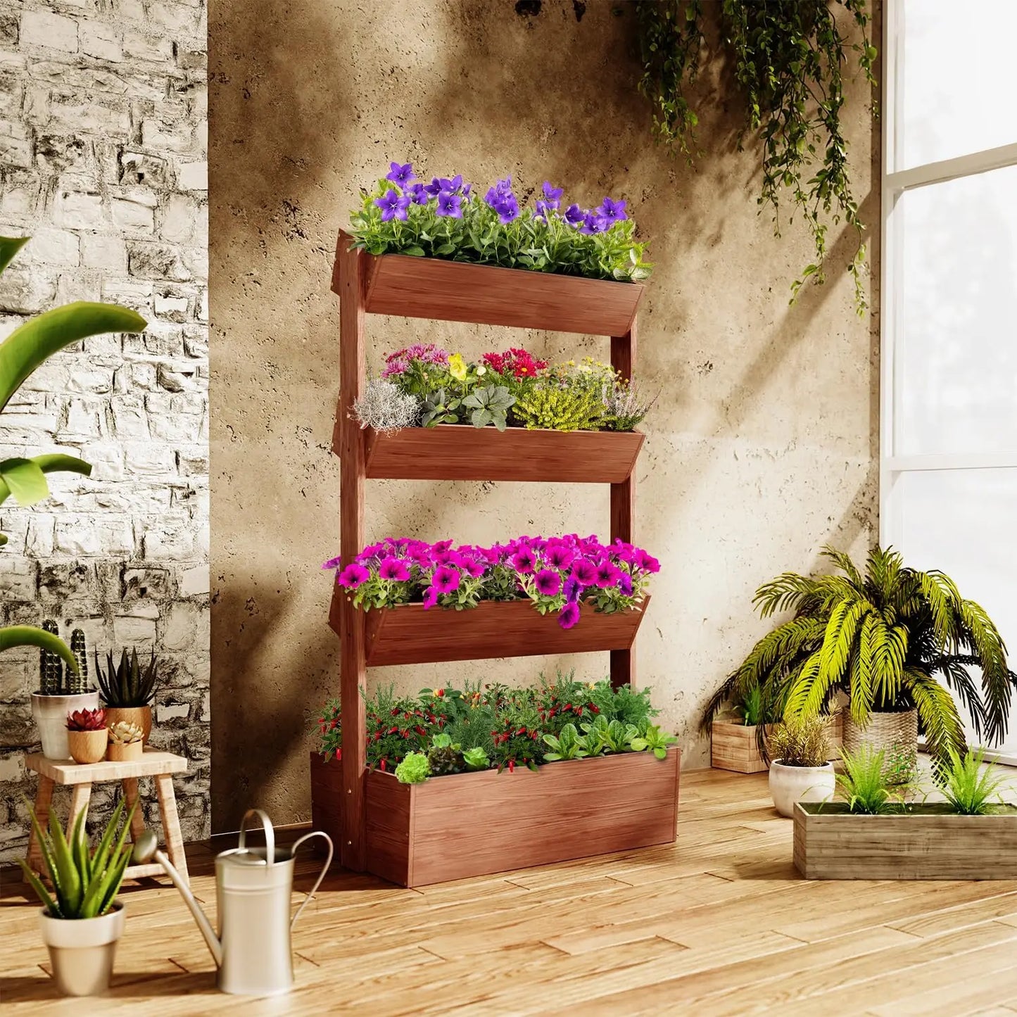 Four Tier Wooden Raised Garden Bed Planter Tower Kit