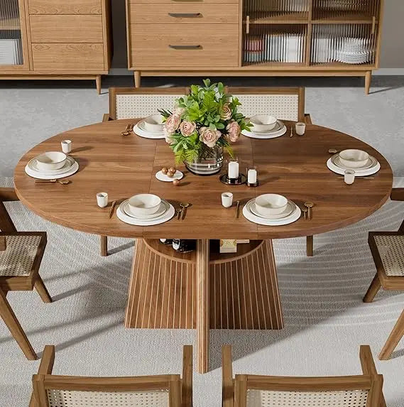 Expandable Round Dining Table With Fluted Base Modern