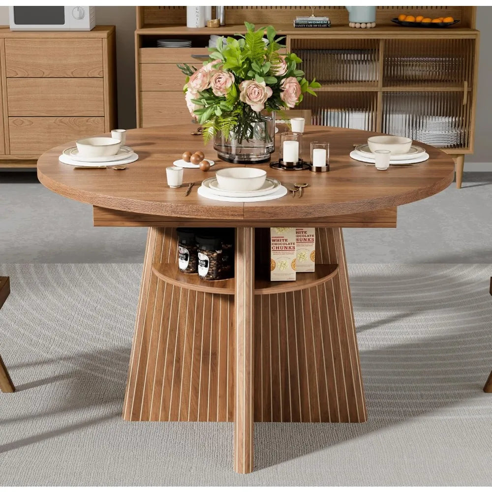 Expandable Round Dining Table With Fluted Base Modern