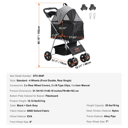 SucceBuy Lightweight Pet Stroller Carrier With Brakes