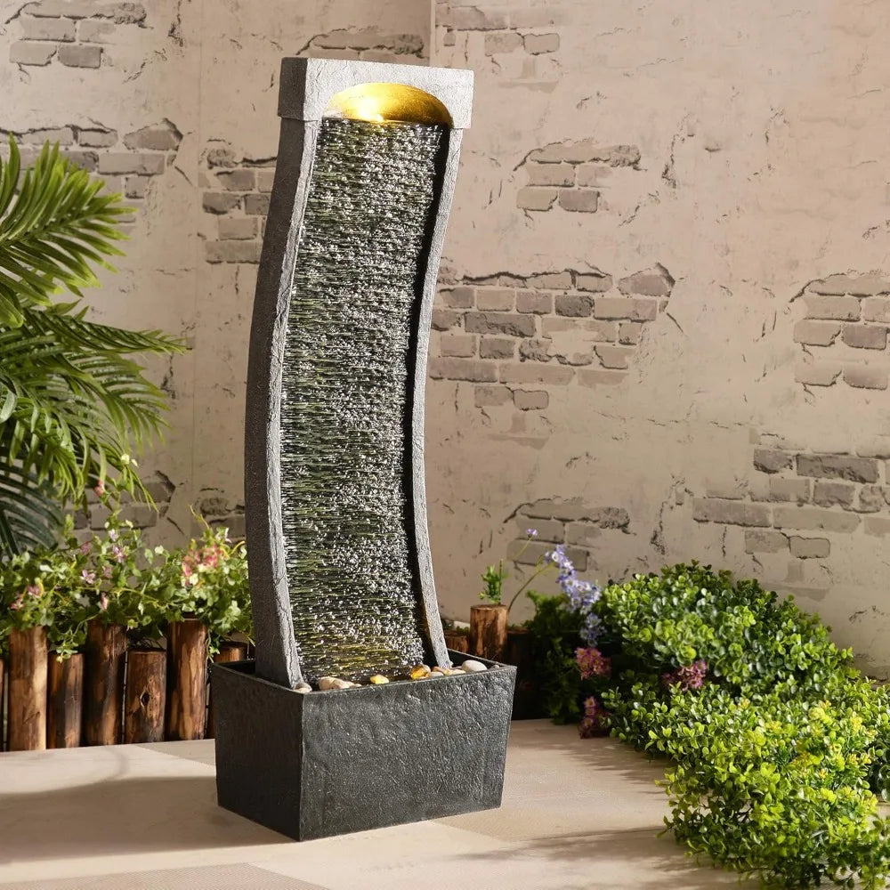 Modern Curved Faux Slate Waterfall Fountain With LED Lights
