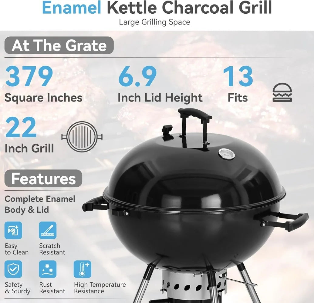 Kettle Charcoal BBQ Grill With Wheels Porcelain Lid