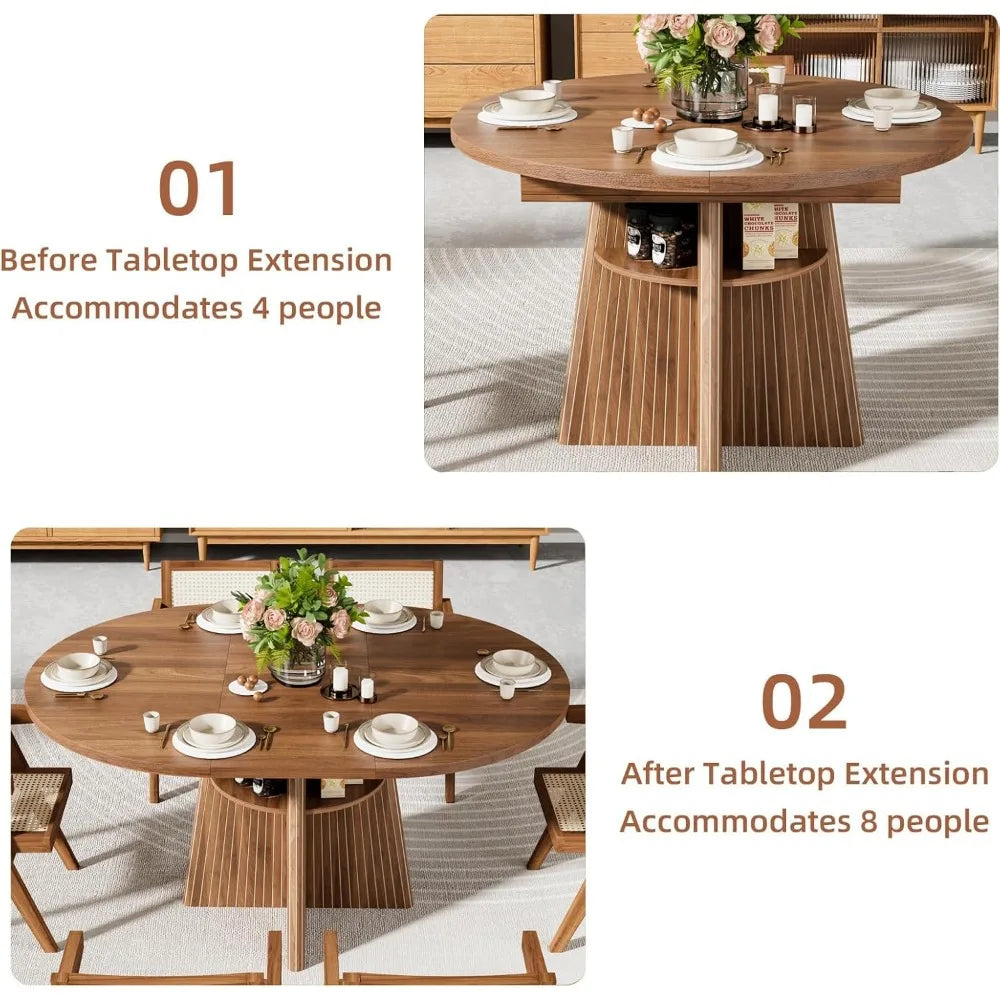 Expandable Round Dining Table With Fluted Base Modern