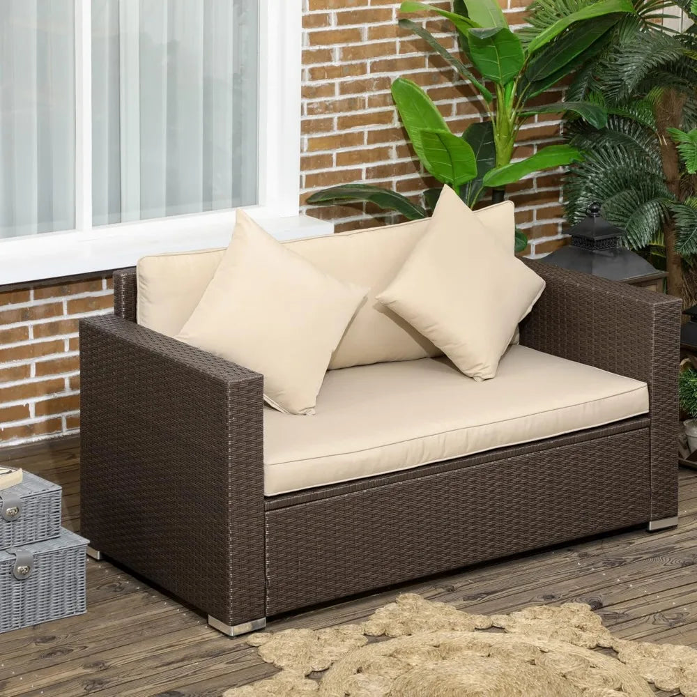 Outdoor Wicker Loveseat With Cushions For Patio And Garden