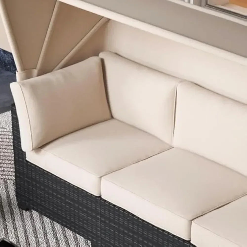 Outdoor Rattan Wicker Patio Set With Canopy And Glass Table