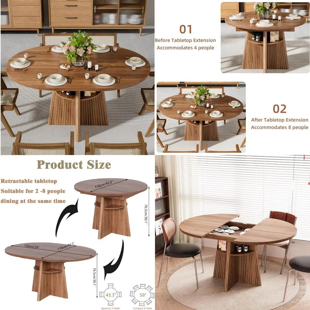 Expandable Round Dining Table With Fluted Base Modern