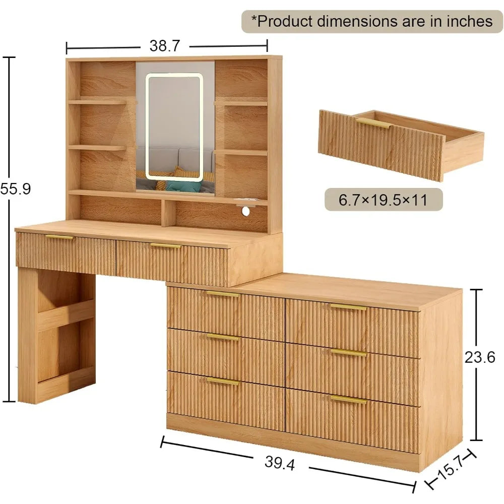 ANGDUO Vanity Desk With Mirror And LED Lights With USB Ports