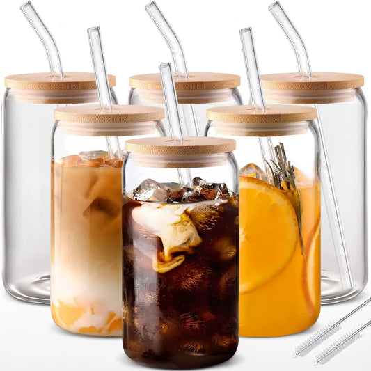 Glass Drinking Glasses Set With Bamboo Lids And Glass Straws