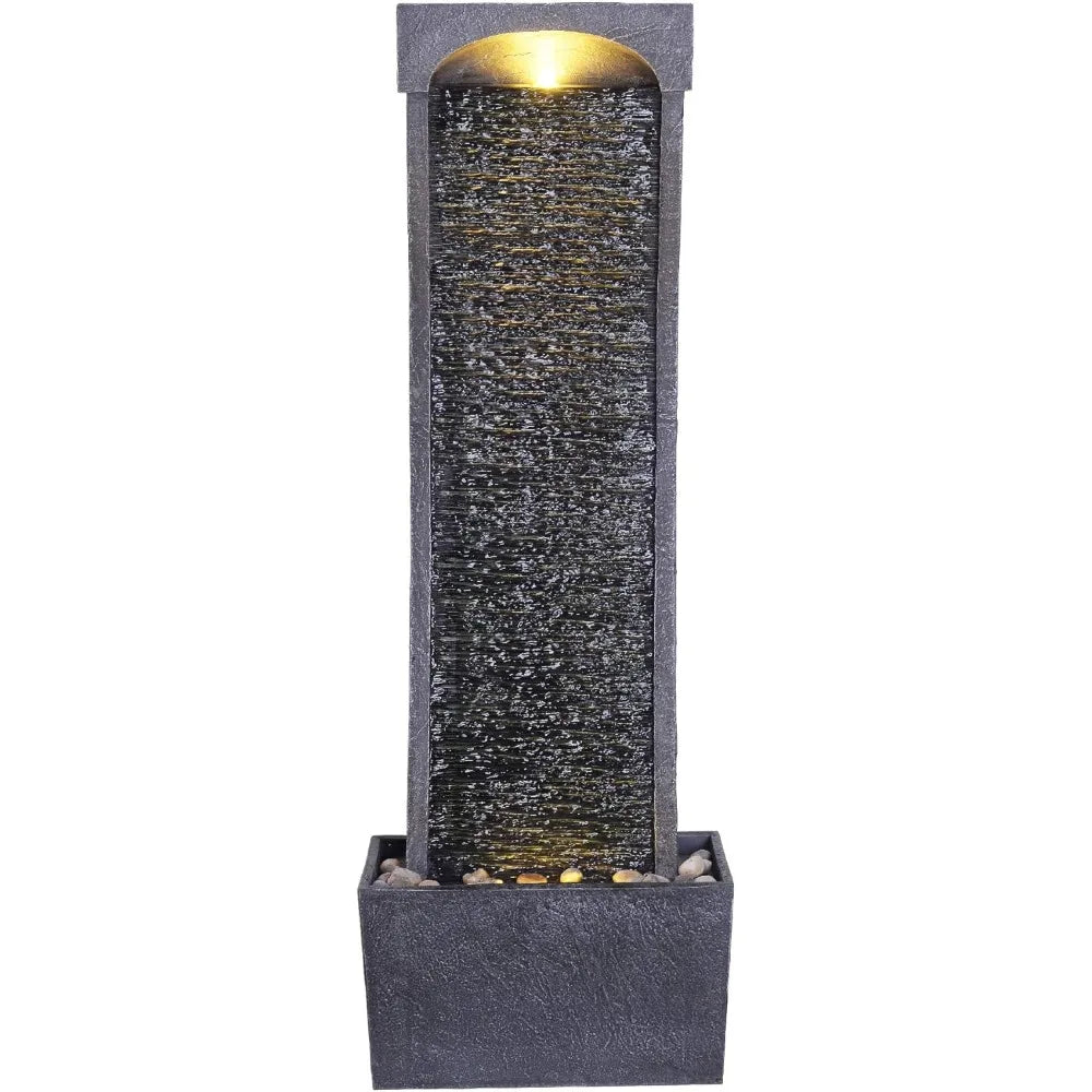 Modern Curved Faux Slate Waterfall Fountain With LED Lights