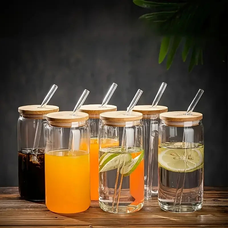 Glass Drinking Glasses Set With Bamboo Lids And Glass Straws