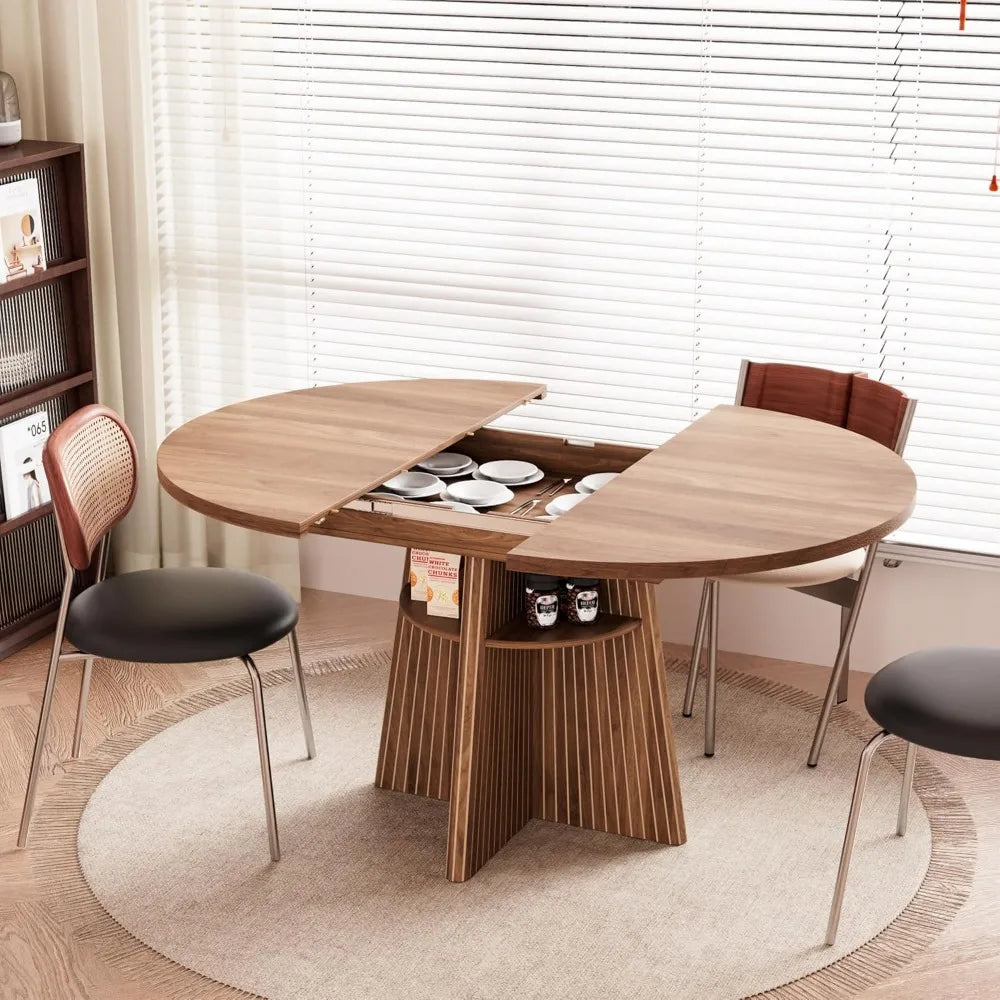 Expandable Round Dining Table With Fluted Base Modern