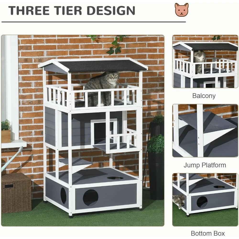Wooden Outdoor Cat House With Asphalt Roof And Escape Doors