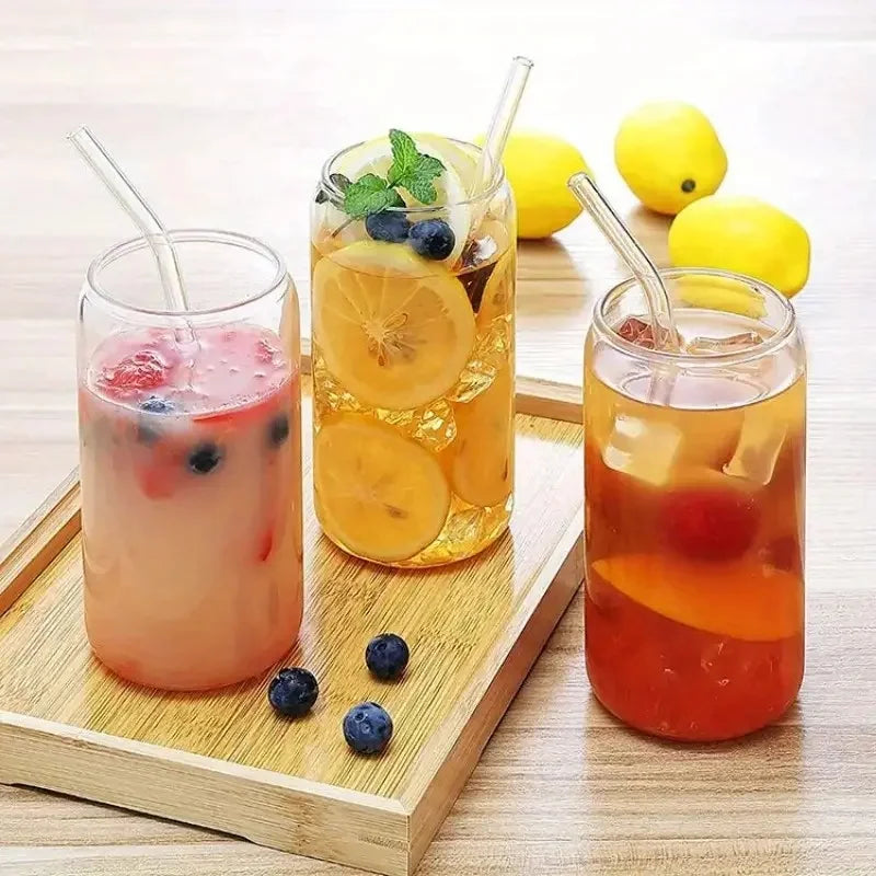 Glass Drinking Glasses Set With Bamboo Lids And Glass Straws