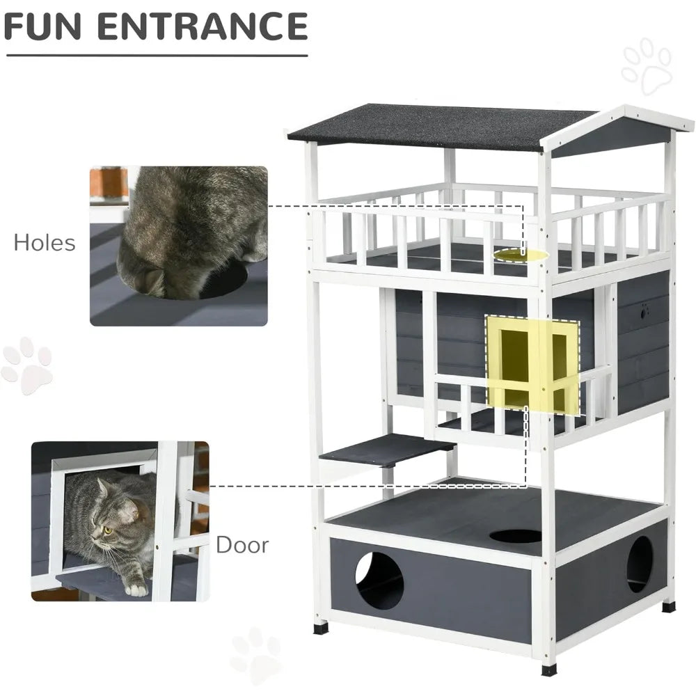 Wooden Outdoor Cat House With Asphalt Roof And Escape Doors