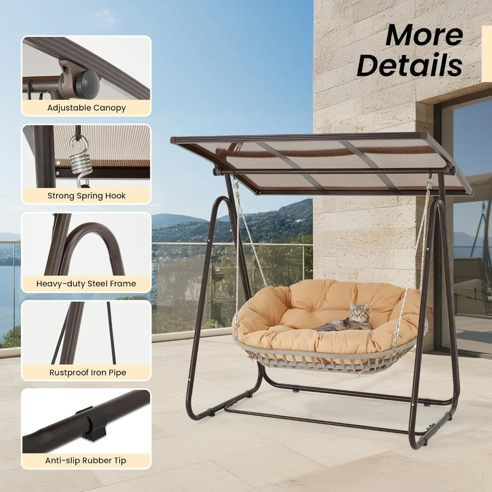Outdoor Porch Swing With Adjustable Canopy Cushions