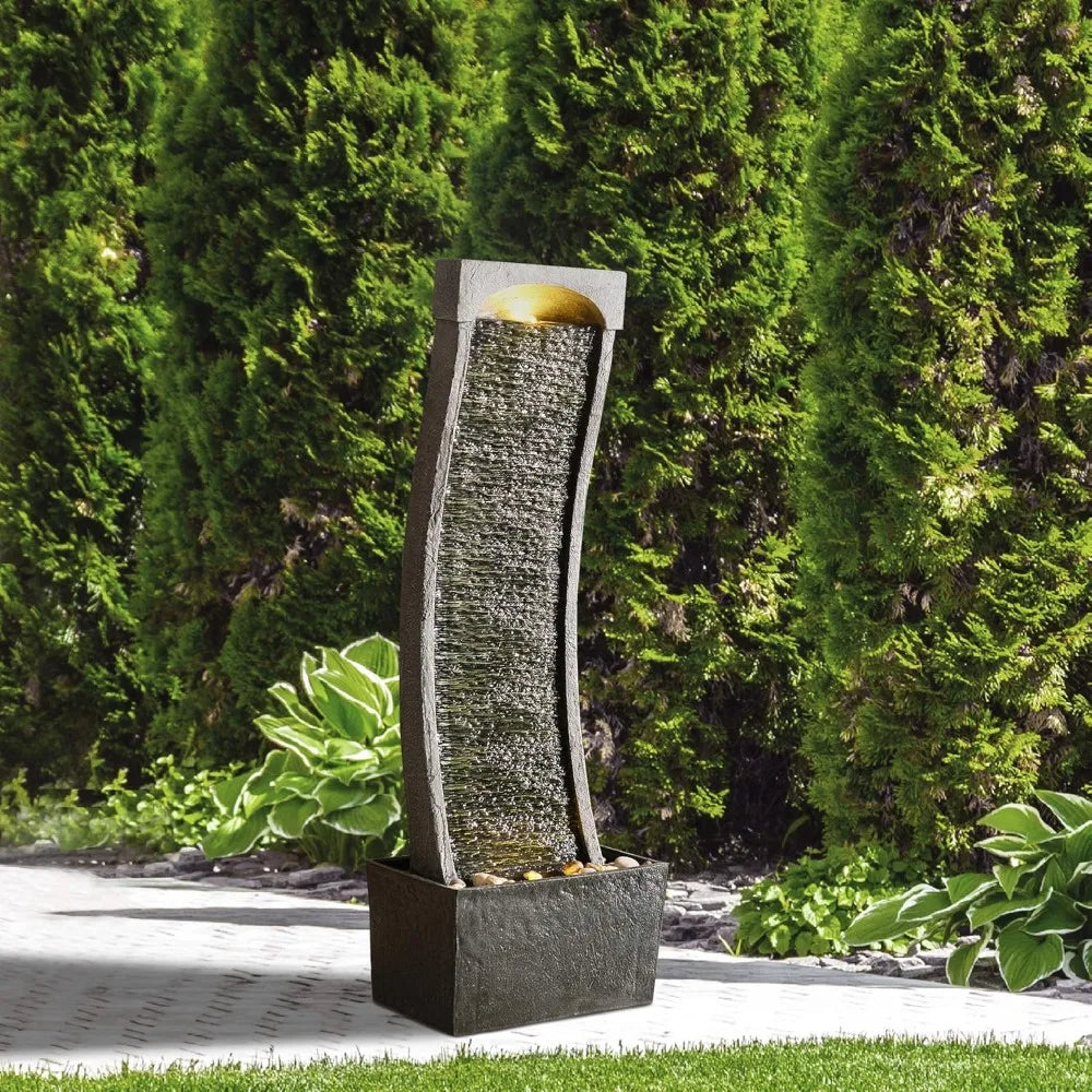 Modern Curved Faux Slate Waterfall Fountain With LED Lights