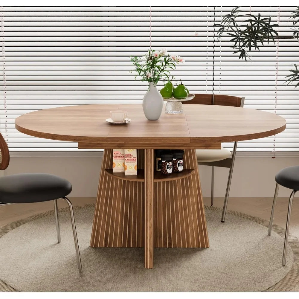 Expandable Round Dining Table With Fluted Base Modern