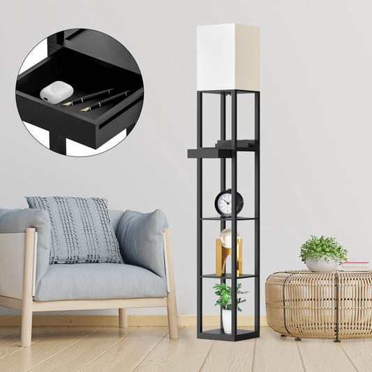 Hign-concerned Bamboo Wood Column Floor Lamp With Shelves