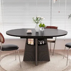 Expandable Round Dining Table With Fluted Base Modern