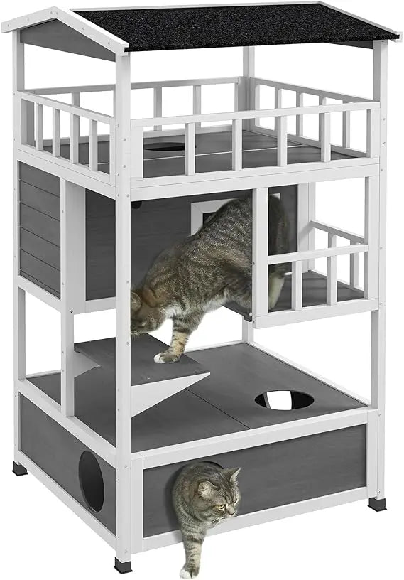 Wooden Outdoor Cat House With Asphalt Roof And Escape Doors