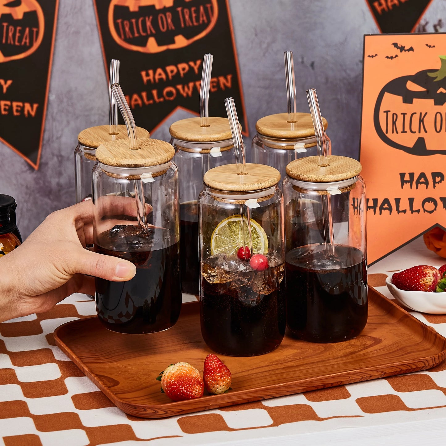 Glass Drinking Glasses Set With Bamboo Lids And Glass Straws