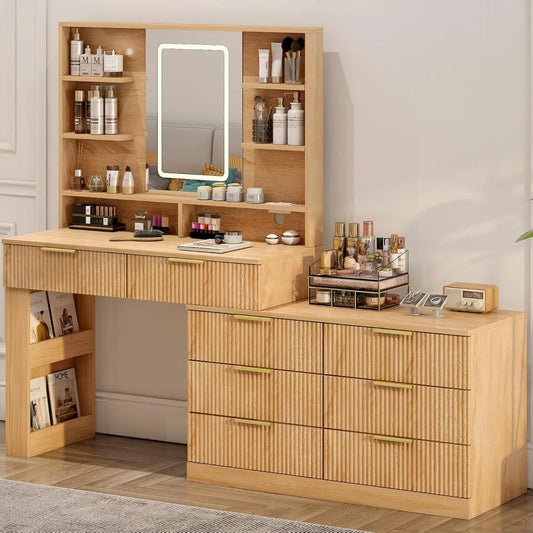 ANGDUO Vanity Desk With Mirror And LED Lights With USB Ports