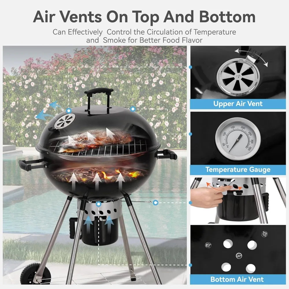 Kettle Charcoal BBQ Grill With Wheels Porcelain Lid