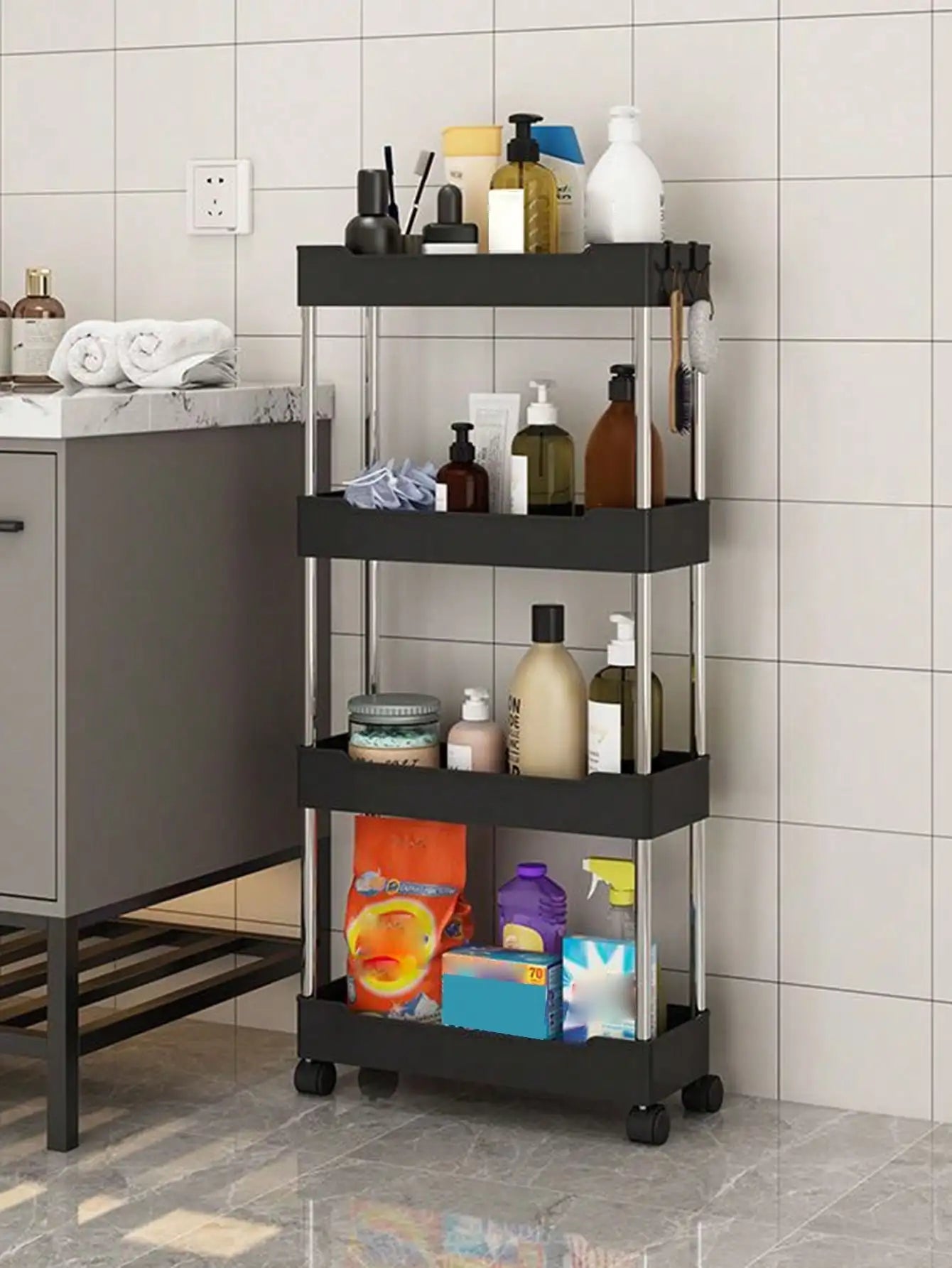Three Quarter Tier Rolling Utility Cart For Kitchen And Bathroom