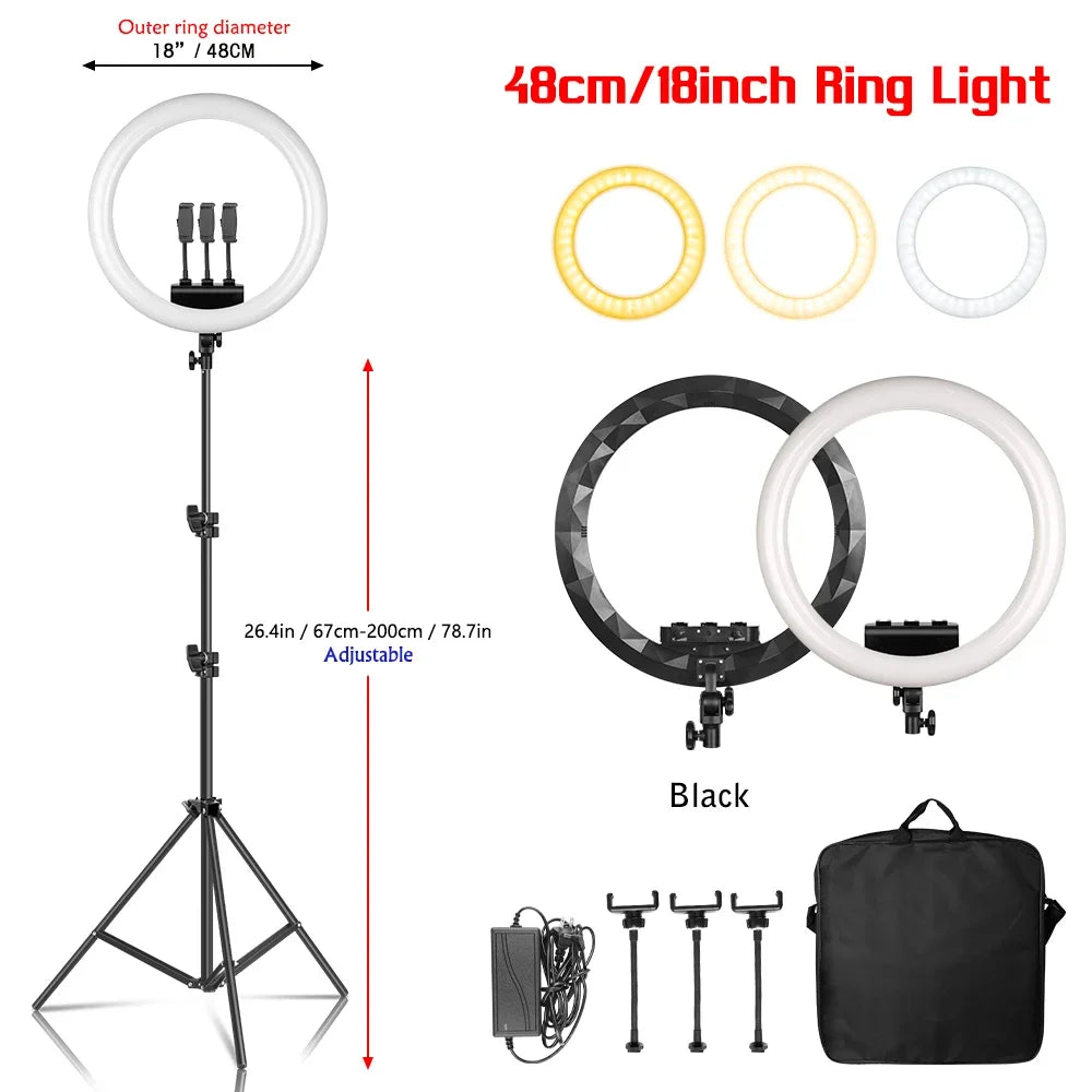 Bi Color LED Ring Light With Tripod And Phone Clip Studio