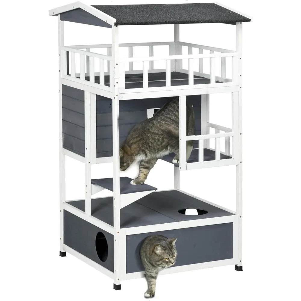 Wooden Outdoor Cat House With Asphalt Roof And Escape Doors