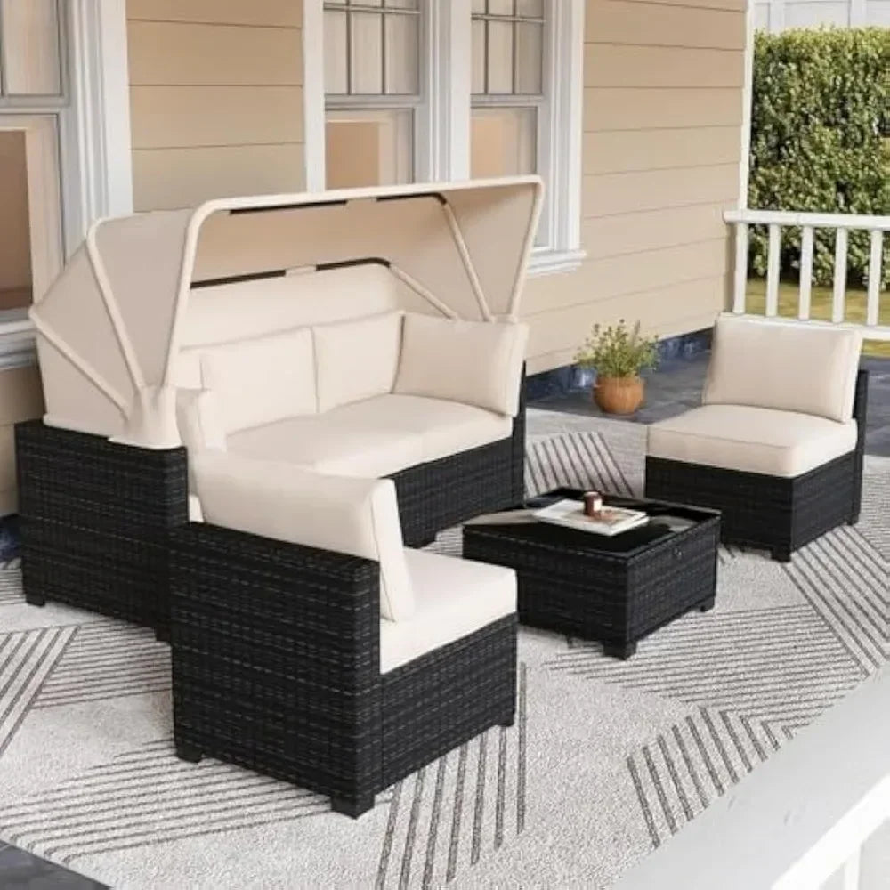 Outdoor Rattan Wicker Patio Set With Canopy And Glass Table