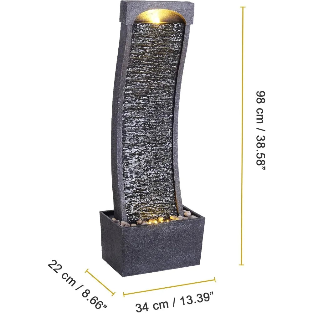 Modern Curved Faux Slate Waterfall Fountain With LED Lights