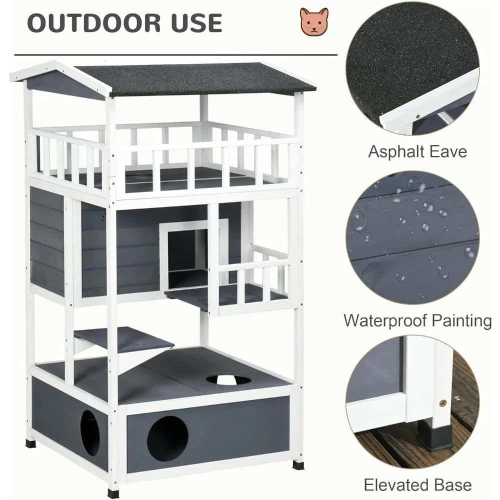 Wooden Outdoor Cat House With Asphalt Roof And Escape Doors