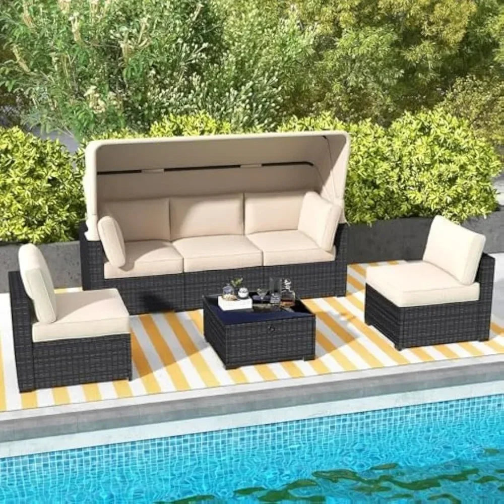 Outdoor Rattan Wicker Patio Set With Canopy And Glass Table