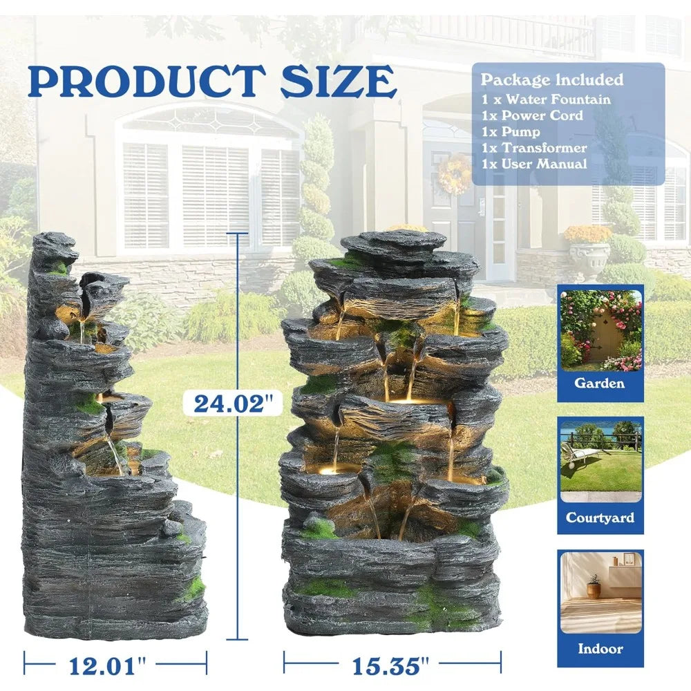 Dephet 7 Tier Garden Waterfall Fountain Resin With LED
