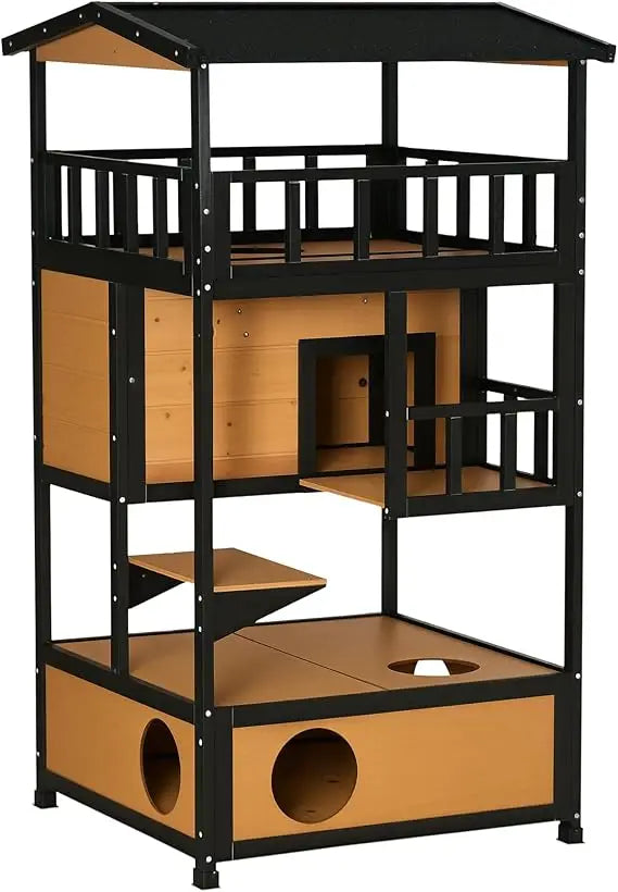 Wooden Outdoor Cat House With Asphalt Roof And Escape Doors