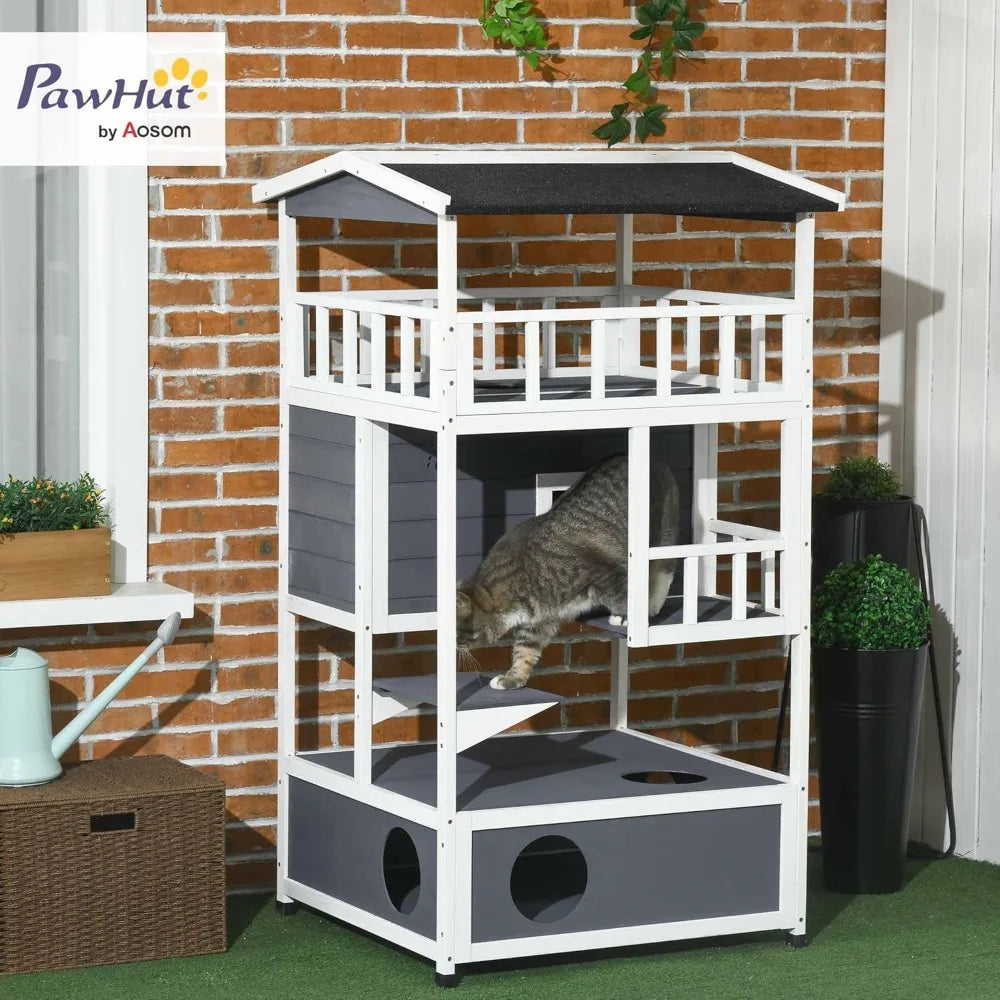 Wooden Outdoor Cat House With Asphalt Roof And Escape Doors