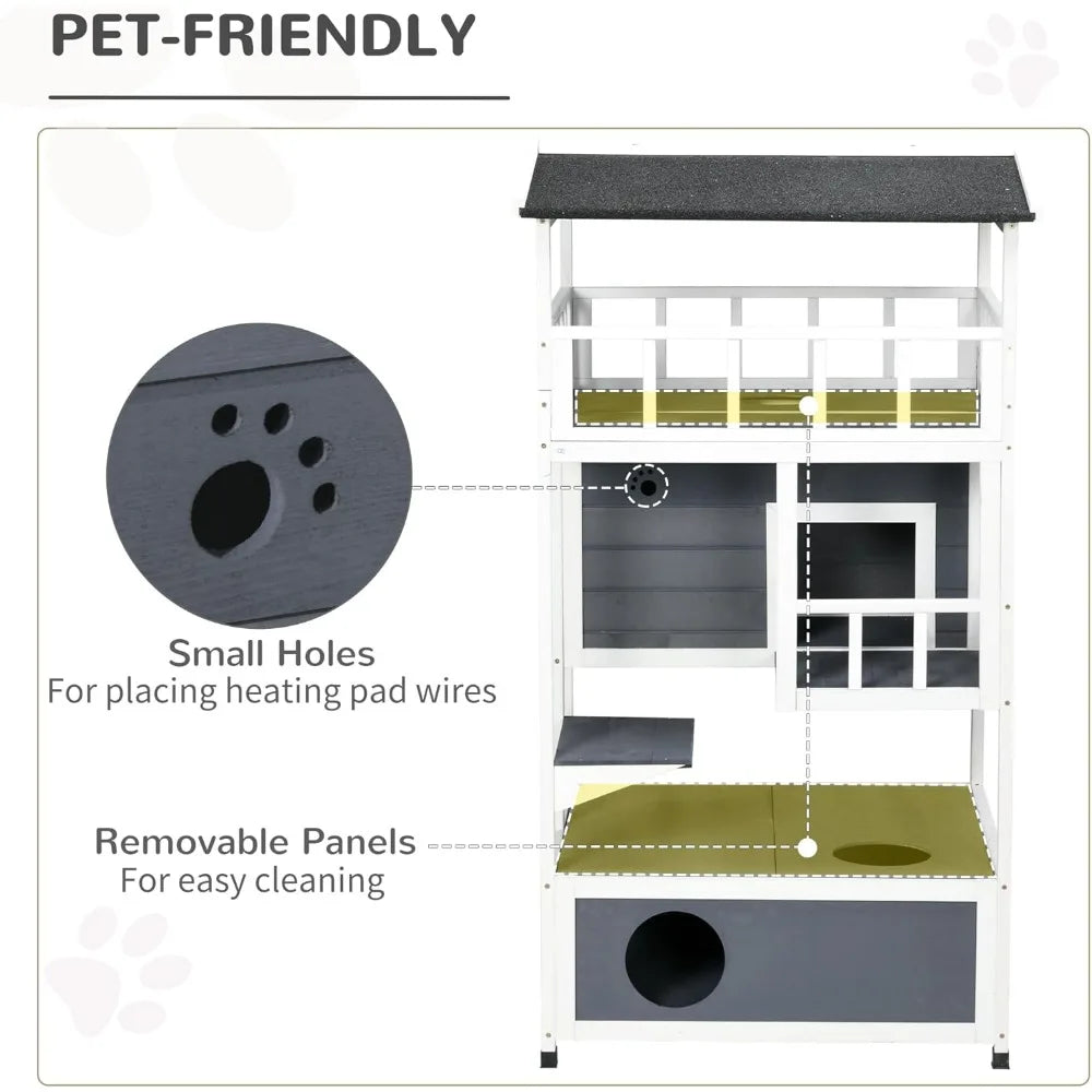 Wooden Outdoor Cat House With Asphalt Roof And Escape Doors